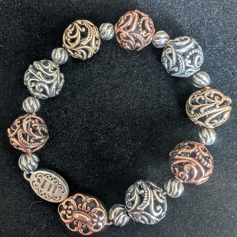 CAROLYN POLLACK retired Bronze Brass Filigree Bead Ball Bracelet Magnetic Clasp